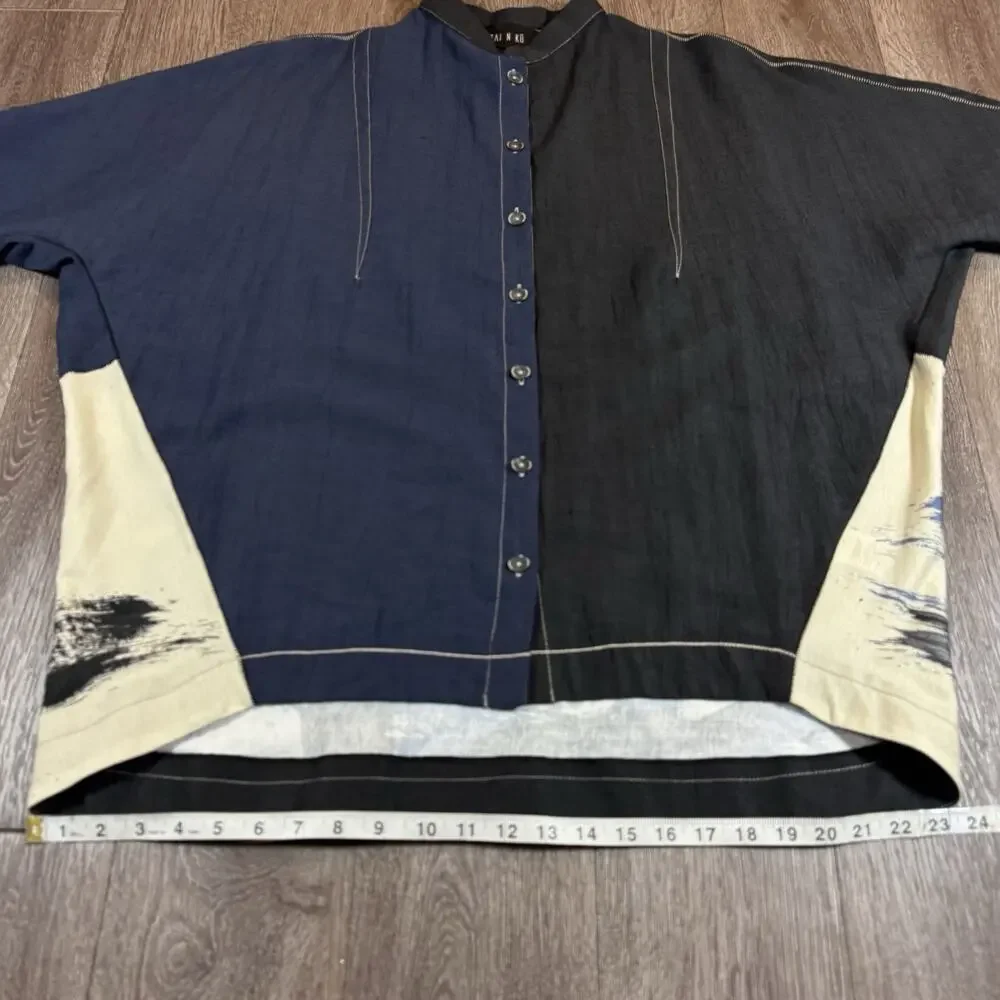 Ozai N Ku Black Blue Brush Stroke Top Shirt Boxy Oversized Art to Wear sz 1 - Picture 7 of 13